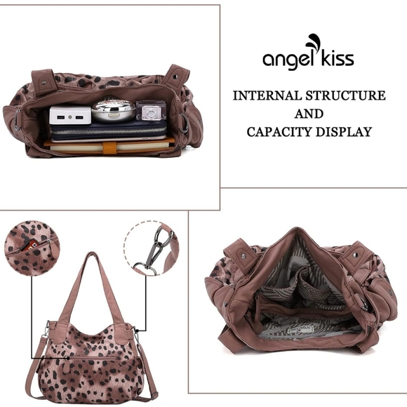 NWT!! Women's Pink and Black Designer Leopard Leather Crossbody Shoulder Handbag - Picture 6 of 7